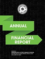 2021 Washington's Lottery Annual Financial Report cover with angular green ribbon on black.