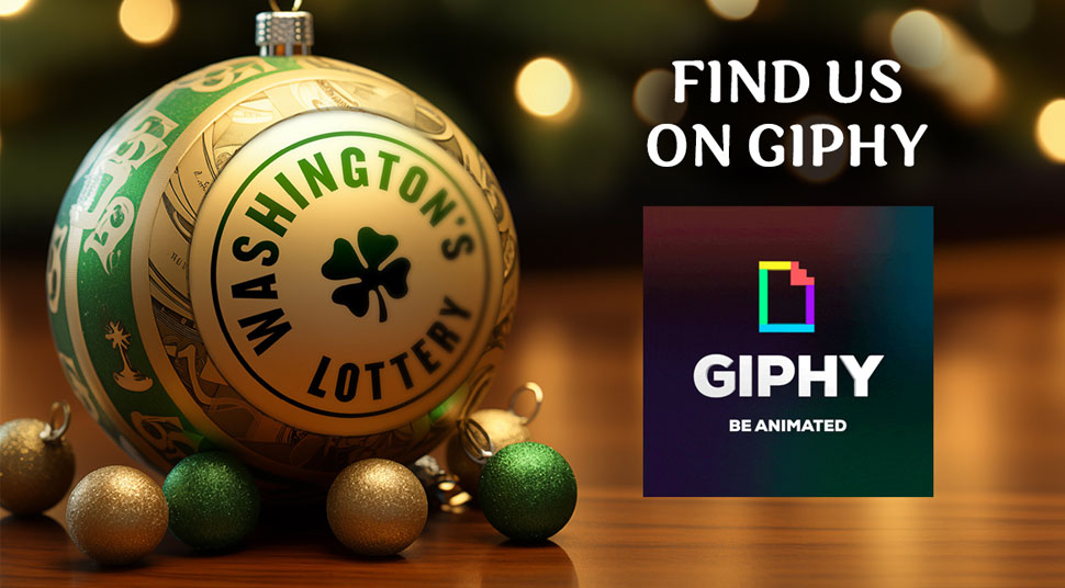 Glass Wasghinton's Lottery holiday ornament on dark wood table. Find us on Giphy.