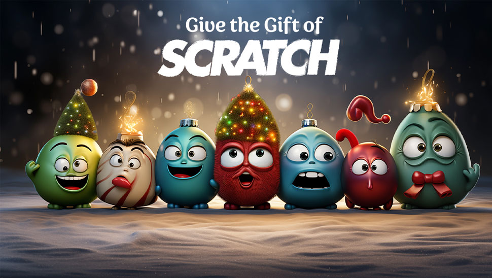 Give the Gift of Scratch. Rich colorful ornaments with emoji faces standing in snow.