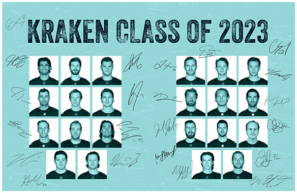 Kraken Class of 2023. Portraits of 22 players and their signatures.