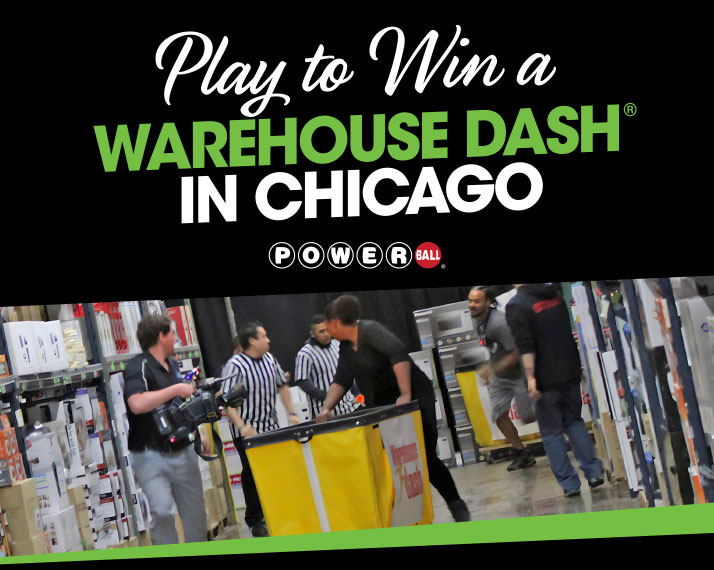 Play to win a Warehouse Dash In Chicago. Powerball. Woman racing in warehouse pushing yellow cart.