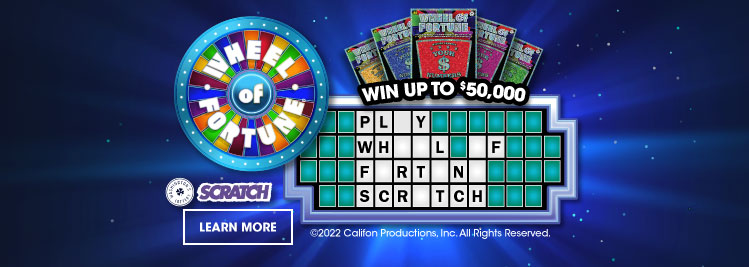 Wheel of Fortune wheel on dark blue, starry background. Win up to $50,000. Play Wheel of Fortune Scratch.