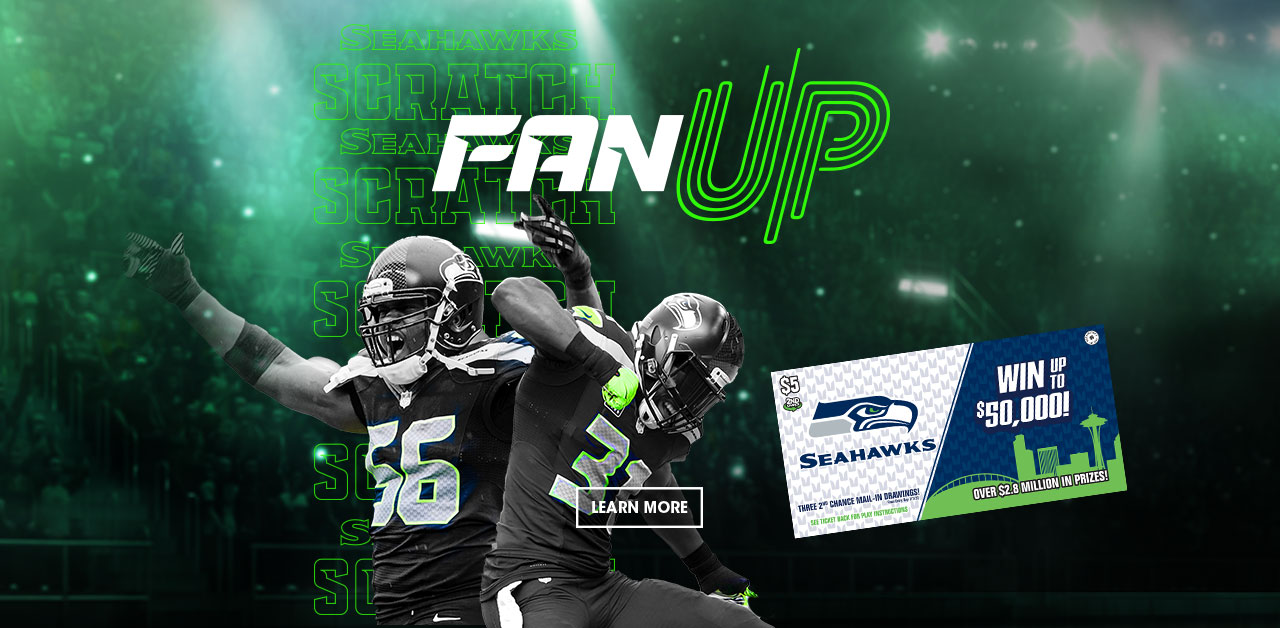 Dark futuristic background with blue and green lights, Cliff Avril, Kam Chancellor and Seahawks Scratch ticket.
