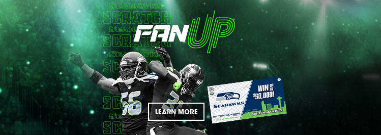 Dark futuristic background with blue and green lights, Cliff Avril, Kam Chancellor and Seahawks Scratch ticket.