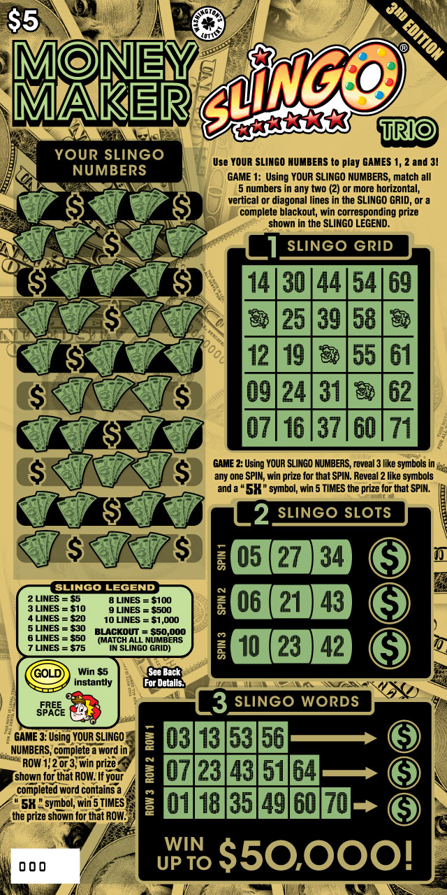 MONEY MAKER SLINGO TRIO 3RD ED Washington scratch-off ticket